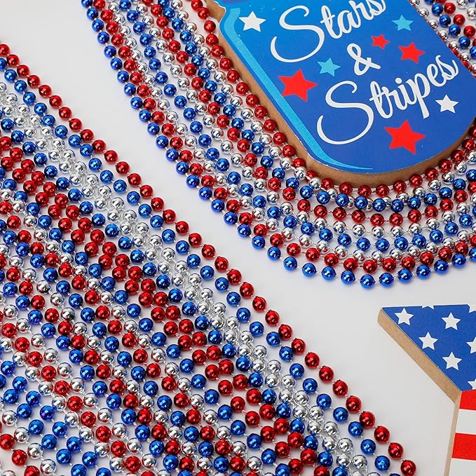 120 PCS 4th of July Necklace, 33" Red Silver Blue Metallic Beaded Necklaces, Independence Day Party Accessories Patriotic Bead Necklace for Memorial Day Fourth of July Parades Party Supplies