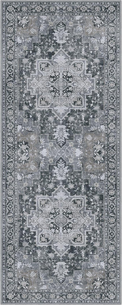 GENIMO 2x12 Runner Rugs for Hallway, Machine Washable Non Slip Vintage Rugs, Low Pile Lightweight Soft Print Rug for enrtyway, Corridor, Home Office, Kitchen,Dark Gray