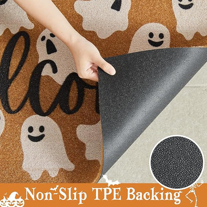 Halloween Door Mat Spooky Ghost Welcome Mat for Front Door Outdoor Entrance Doormat Coir Dirt Trapper with Non Slip Backing, 17x30, Welcome Ghost