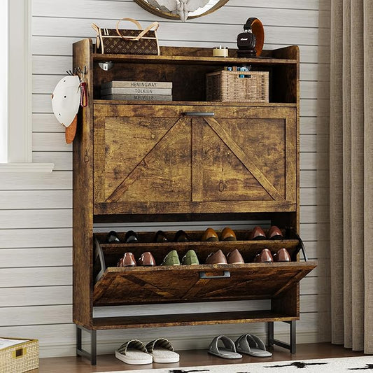 Shoe Cabinet with 2 Flip Drawers Narrow Shoe Storage Cabinet Organizer Wooden Freestanding Rack Hidden Slim Storage for Entryway, Hallway, Living Room, Bedroom (Brown)