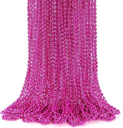 24PCS Breast Cancer Awareness Necklaces, Oval Breast Cancer Beaded Necklace Accessories, Metallic Hot Pink Mardi Gras Beads Necklaces for Gender Reveal Wedding Party Favors Decorations