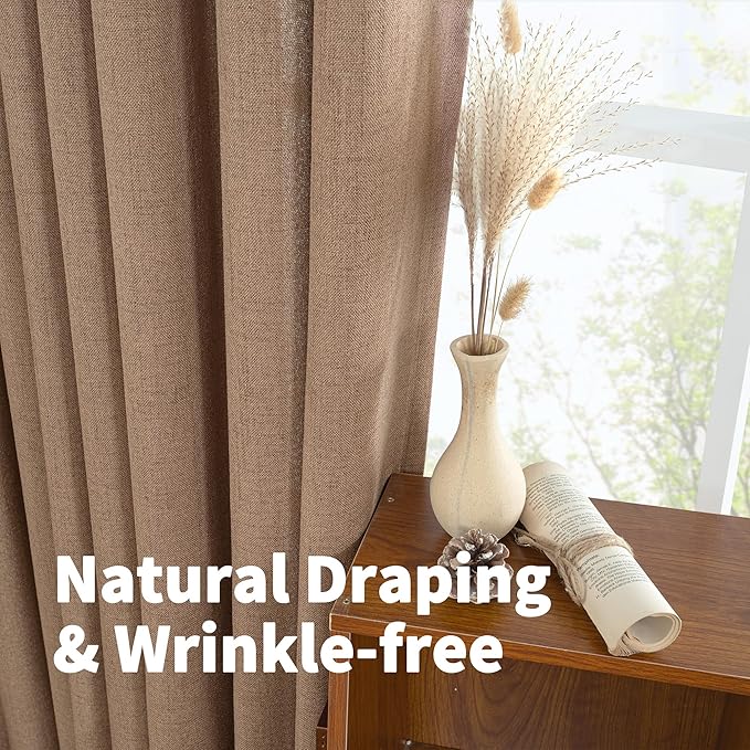 YoungsTex Linen Curtains 84 Inches Length for Living Room, Mocha Light Filtering Semi Sheer Drapes with Bronze Grommet Dining Room Bedroom, 2 Panels, 52 X 84 Inch