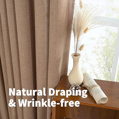 YoungsTex Linen Curtains 54 Inches Length, Mocha Textured Light Filtering Drapes with Bronze Grommet for Short Living Room Bedroom, 2 Panels, 42 X 54 Inch