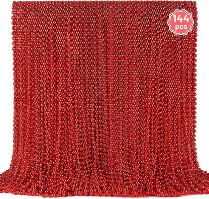 YAXINRUI 144 PCS Red Bead Necklaces, Red Christmas Mardi Gras Beads, Valentine Necklace, 33 Inch Round Beaded Necklace for Mardi Gras Christmas Valentine Festive Events Party Favors