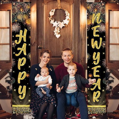 KatchOn, XtraLarge Happy New Year Banner 2026-72x12 Inch | Happy New Year Door Banner for Black and Gold New Years Decorations 2026 | Front Porch Sign, New Years Eve Party Supplies 2026 | NYE Decor