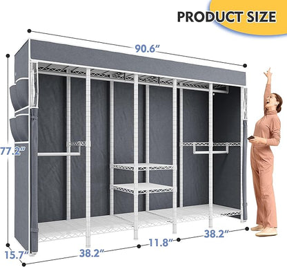 Raybee 90.6" W Clothes Rack with Cover Heavy Duty Clothing Racks for Hanging Clothes Portable Closet Loads 1200LBS Freestanding Garment Rack for Bedroom, White