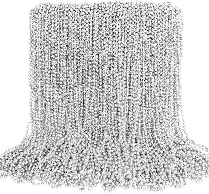100PCS Bead Necklace, Silver Mardi Gras Beads Stuff Party Favors, Christmas 33" Toy Necklaces Costume, Festival Parade Throw Accessories for Wedding Birthday Celebrations Decoration