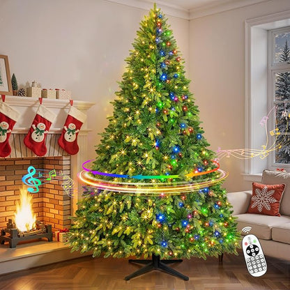 GGOYING 7.5FT Pre-Lit Flocked Christmas Tree with Rotating Stand & Remote, Green Dense Branches, Realistic Holiday Decorations, LED Lights (RGB + Warm White)