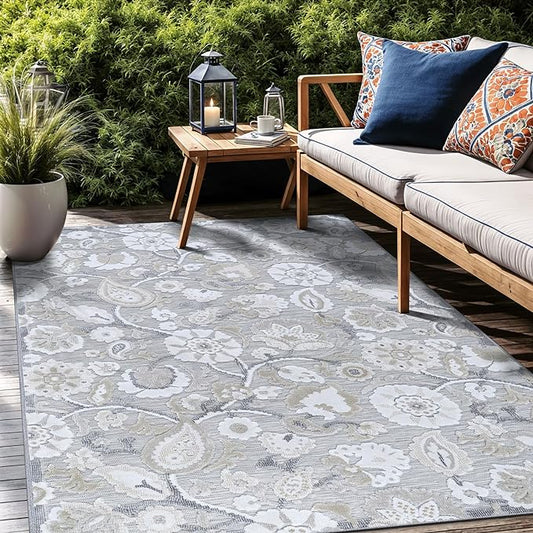 Floral Indoor Outdoor Rugs 8x10 Large Area Rug for Living Room, Patio Decor, Kitchen, and Entryway Rug, Washable Stain Resistant Outside Carpet Beige 8 x 10