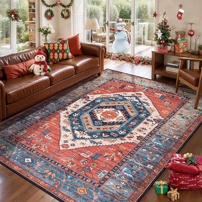 SERISSA Area Rug 3x5 Boho Rugs for Bedroom, Washable Non-Slip Kitchen Rugs, Ultra Soft Print Distressed Tribal Rust Rug Low-Pile Throw Rug Carpet for Entry Bedroom Nursery Living Room Dorm Decor