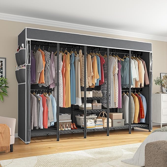 Raybee 90.6" W Clothes Rack with Cover Heavy Duty Clothing Racks for Hanging Clothes Portable Closet Loads 1200LBS Freestanding Garment Rack for Bedroom, Black