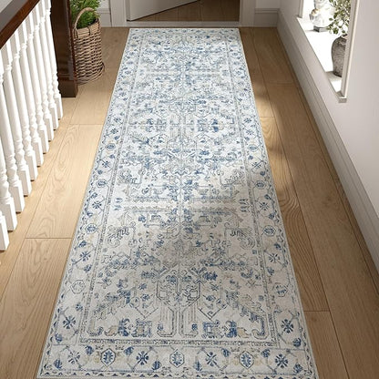 jinchan Hallway Runner Rug 2x8 Washable - Vintage Floral Non Slip Low-Pile Soft Ultra-Thin Faux Wool Kitchen Rug Distressed Carpet Runner for Farmhouse Bedroom Laundry (2x8ft,Blue)