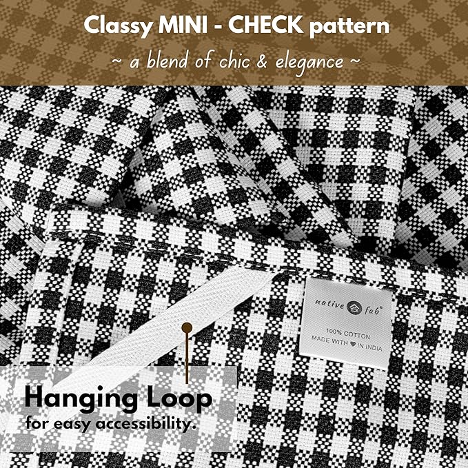 Native Fab 6 Pack Gingham Mini Check Kitchen Hand Towels Set - 100% Cotton Absorbent Reusable Dishcloths 16"x26" - Quick Drying Dish Towels with Hanging Loops for Kitchen, Black White