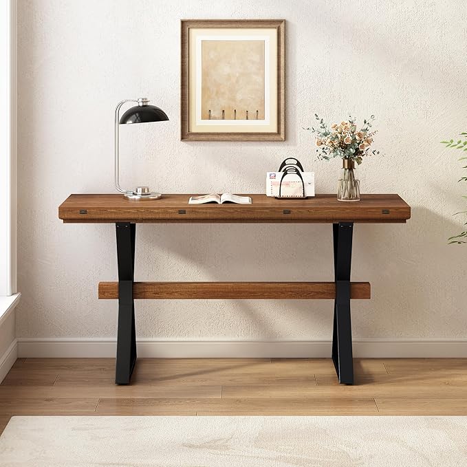 Scott Living Rockleigh Expandable Console Table, Rectangular Sofa-Table, X-Shaped Metal Frame Couch Table, Entryway Sofa-Table, Narrow Accent Behind Couch, Space Save Expandable for Living Room, Brown