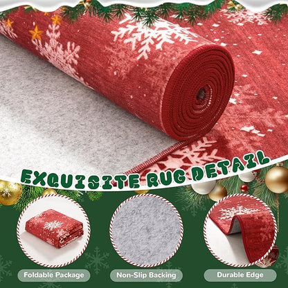 Christmas Runner Rug 2x8, Washable Snowflake Rugs for Living Room, Ultra-Thin Hallway Rug Runner Non Slip, Soft Red Holiday Decor Indoor for Entrance, Bedroom(2'x8', Red/White)