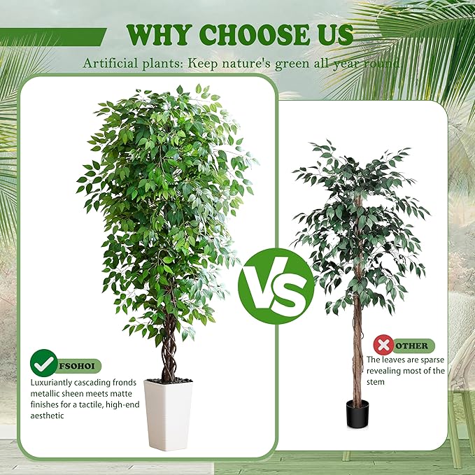 Artificial Ficus Tree 6FT Faux Plants Indoor Tall Fake Plants with White Tall Planter, Green Lifelike Lush Fake Ficus Tree for Home Living Room Bedroom Outdoor Balcony House Office Decor