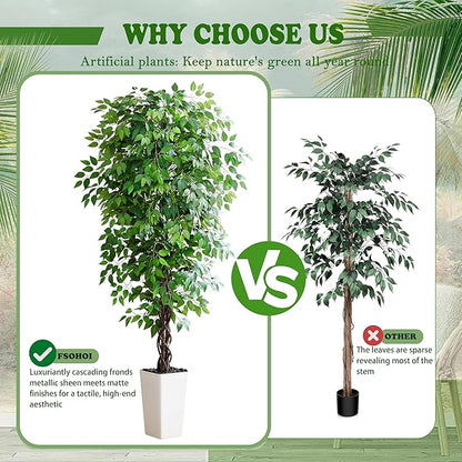 Artificial Ficus Tree 6FT Faux Plants Indoor Tall Fake Plants with White Tall Planter, Green Lifelike Lush Fake Ficus Tree for Home Living Room Bedroom Outdoor Balcony House Office Decor