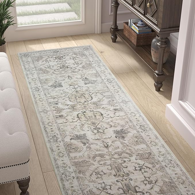 jinchan Hallway Runner Rug 2x10 Machine Washable - Vintage Floral Non-Slip Low-Pile Soft Ultra-Thin Faux Wool Kitchen Rug Distressed Carpet Runner for Farmhouse Bedroom Laundry Room (2x10ft,Taupe)