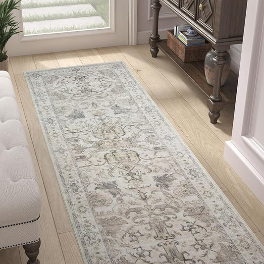 jinchan Hallway Runner Rug 2x10 Machine Washable - Vintage Floral Non-Slip Low-Pile Soft Ultra-Thin Faux Wool Kitchen Rug Distressed Carpet Runner for Farmhouse Bedroom Laundry Room (2x10ft,Taupe)
