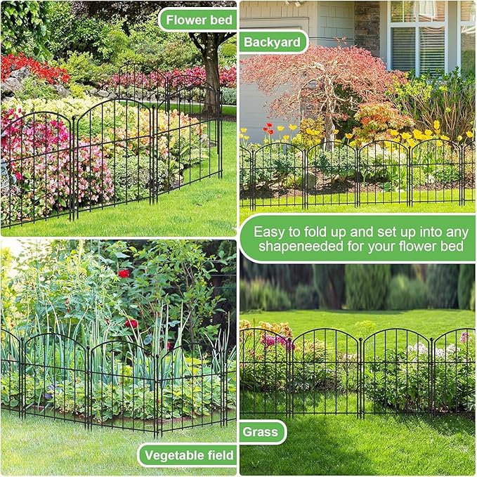 25 Panels No Dig Metal Garden Fence, Rustproof Decorative Dog & Rabbit Barrier with 11 Sturdy Stakes, Outdoor Animal Fencing for Yard, Patio, Flower Beds (Black)