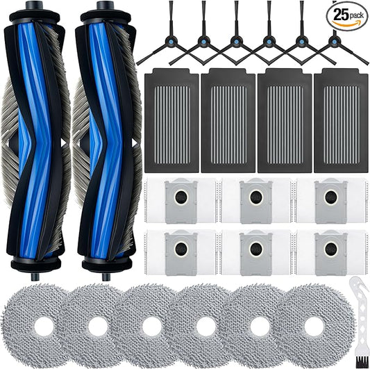 25 Pack Compatible with Ecovacs Deebot T50 Max Pro Omni,Only T50 Max Pro Omni Vacuum Cleaner Accessories Kit,2 Rubber Main Brush 6 Mop Pads 6 Side Brush 4 Hepa Filters 6 Vacuum Bags