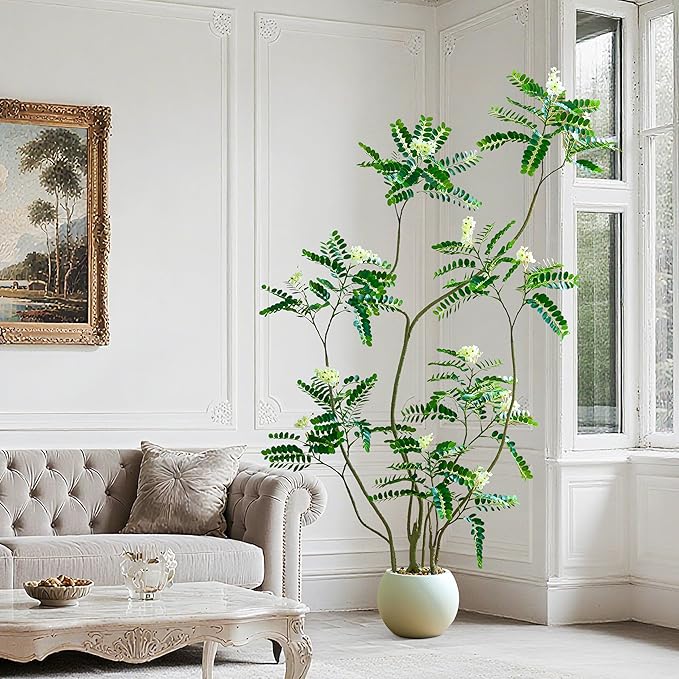 Artificial Locust Tree, 6FT Tall Artificial Plants Indoor with White Flowers & Pot, Large Floor Plant Faux Sophora Fake Flower Tree Silk Plants for Indoor Office Home Room Balcony Porch Decor
