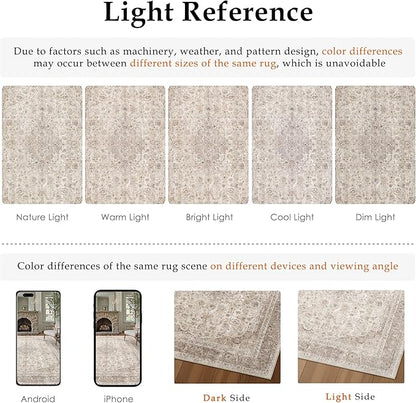 Beige Area Rug 8x10 for Living Room Washable Vintage Carpet Low Pile Non Slip Distressed Soft Traditional Retro Oriental Large Accent Throw Rug Office Bedroom Dining Room Playroom