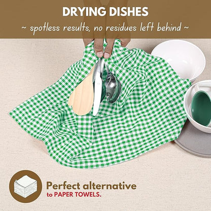 Native Fab Set of 12 Gingham Mini Check Kitchen Towels 16"x26" - Cotton Dish Towels - Soft Absorbent Hand Towels with Hanging Loop, Washcloths for Quick Drying, Cleaning - Green White