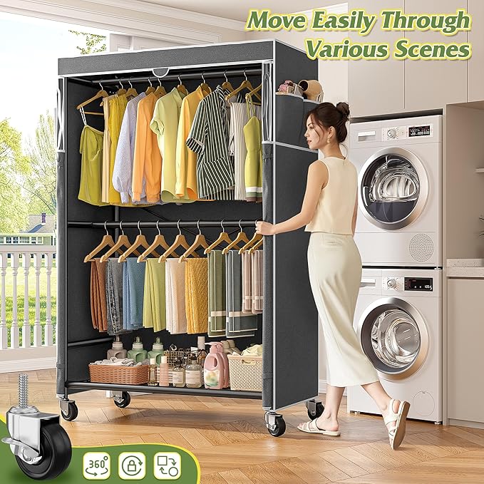 Raybee 80.32" H Clothes Rack with Cover,Rolling Clothing Racks for Hanging Clothes with Wheels,Heavy Duty Portable Garment Rack 35.4" Wx15.75 Dx80.32 H,Black