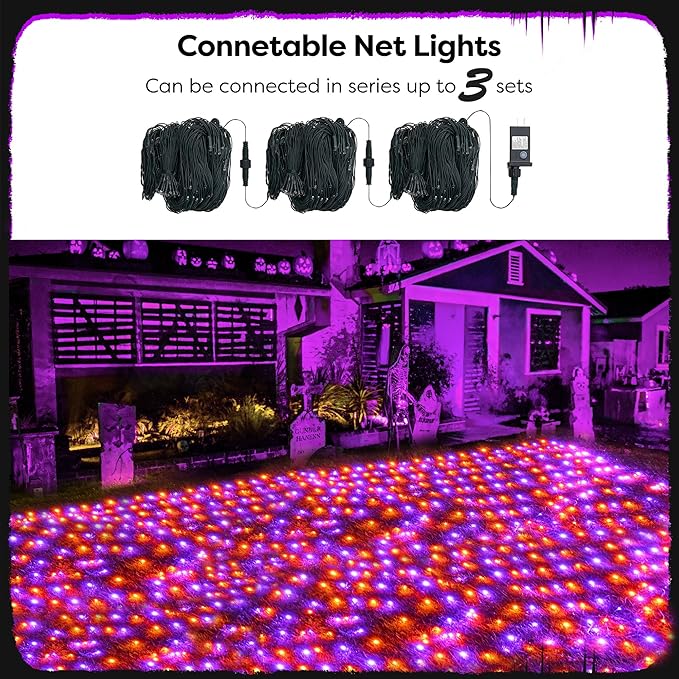 WBao Halloween Lights Outdoor 360LED 11.5ft x 6.9ft Halloween Net Lights with 8 Modes, Timer, Connectable, Waterproof & Dark Green Wire for Lawn, Bushes Outdoor Holiday Decorations, Orange Purple