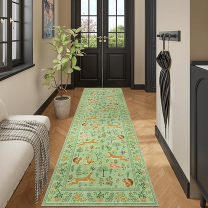 DUKINO 2x10 Rug for Hallway, Washable Kitchen Runner Rug with Non Slip Backing, Soft Low Pile Vintage Animal Runner for Bedroom, Kitchen, Hallway, Entryway, Laundry, Light Green