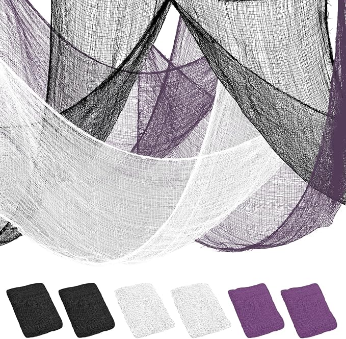 Legigo 6 Pack Halloween Creepy Cloths Cheesecloths, Spooky Black Mesh Fabric Cheese Cloths for Crafts, Scary Gauze Fabric for Party Supplies Home Wall Doorway Outdoor Yard Decor(Black,White,Purple)