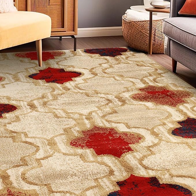 Superior Indoor Large Area Rug, Jute Backed, Perfect for Living/ Dining Room, Bedroom, Office, Kitchen, Entryway, Modern Geometric Trellis Floor Decor, Viking Collection, 5' x 8', Beige