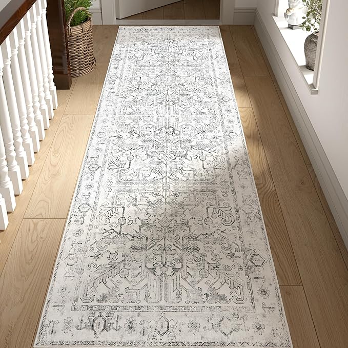 jinchan Hallway Runner Rug 2x10 Washable - Vintage Floral Non Slip Low-Pile Soft Ultra-Thin Faux Wool Kitchen Rug Distressed Carpet Runner for Farmhouse Bedroom Laundry (2x10ft,Grey)