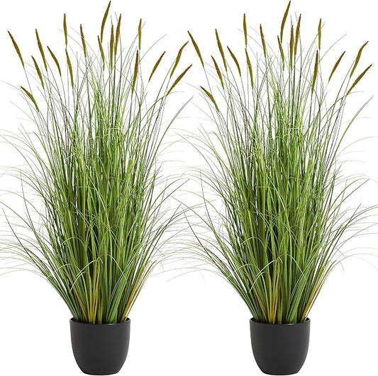 KOL 4ft 2-Pack Artificial Cattail Reed Grass, 47.2’’ Artificial Indoor Outdoor Fake Onion Grass Plant, Home Office Wedding Decorative Potted Plant Faux Greenery, Housewarming Gift, Green