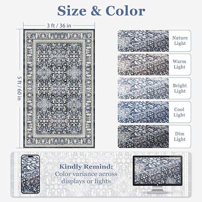 Dark Blue 3x5 Entryway Rug Indoor, Transitional Boho Floral Moroccan Trellis Printed Throw Rug for Kitchen, Ultra Thin for Machine Washable, Non Slip Area Rug for Foyer/Dorm/Bedroom Bedside