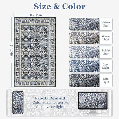 Dark Blue 3x5 Entryway Rug Indoor, Transitional Boho Floral Moroccan Trellis Printed Throw Rug for Kitchen, Ultra Thin for Machine Washable, Non Slip Area Rug for Foyer/Dorm/Bedroom Bedside
