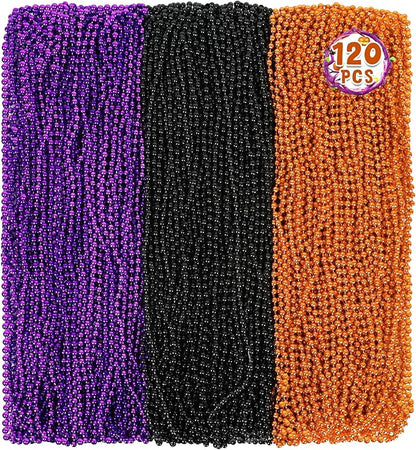 120 PCS Halloween Beads Necklaces, Black Purple Orange Beads Bulk, Halloween Party Accessories Parade Necklaces, Happy Trick Treat Mardi Gras Supplies Party Supplies Stuff