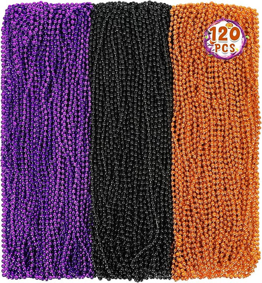120 PCS Halloween Beads Necklaces, Black Purple Orange Beads Bulk, Halloween Party Accessories Parade Necklaces, Happy Trick Treat Mardi Gras Supplies Party Supplies Stuff