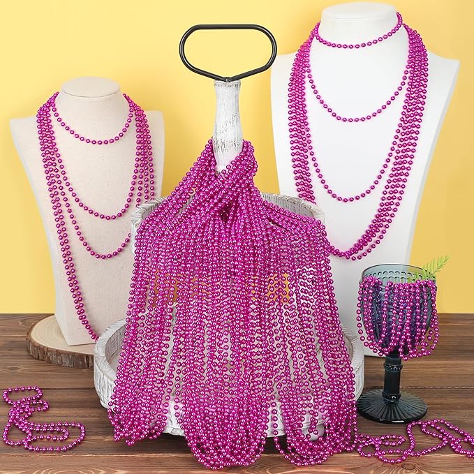 240PCS Mardi Gras Beads, Metallic Breast Cancer Awareness Bead Necklace, 33" Hot Pink Mardi Gras Necklace Stuff, Festival Parade Throw Accessories for Wedding Birthday Celebrations Decor