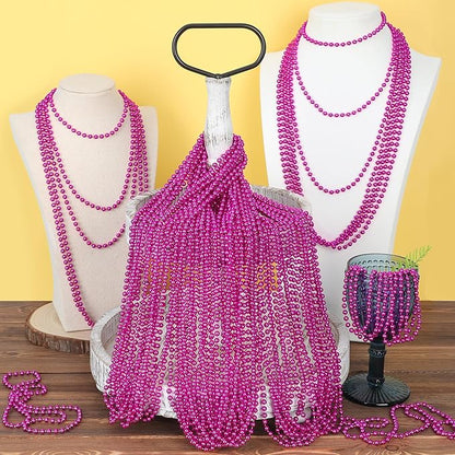 240PCS Mardi Gras Beads, Metallic Breast Cancer Awareness Bead Necklace, 33" Hot Pink Mardi Gras Necklace Stuff, Festival Parade Throw Accessories for Wedding Birthday Celebrations Decor
