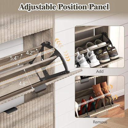 Shoe Cabinet Storage for Entryway with 3 Flip Drawers, Fluted Narrow Shoe Organizer with Wooden Legs, Freestanding Slim Shoe Storage Hidden Shoe Rack Organizer for Front Door Entrance, Hallway, Grey