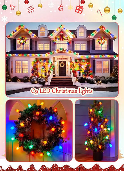 Vintage C9 LED Christmas Lights Outdoor - 25 Feet String with 25 Colored Shatterproof Bulbs, Connectable Waterproof Lights for Holiday Party Roofline, Backyard, Garden, Patio, Green Wire