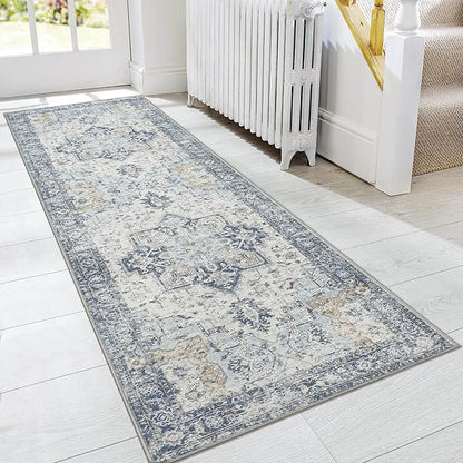 GENIMO Runner Rug 2x10, Machine Washable Vintage Runner Carpet, Non Slip Hallway Rug, Low Pile Lightweight Rugs for Entryway, Hallway, Kitchen and Corridor, Blue
