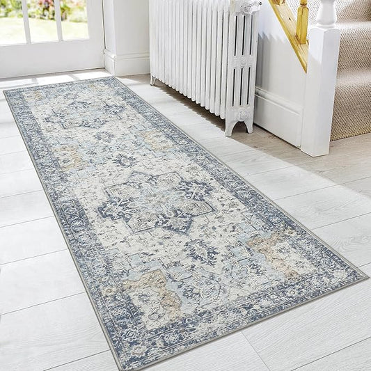 GENIMO Runner Rug 2'6''x8, Non Slip Vintage Hallway Runner Rugs, Low Pile Lightweight Machine Washable Mat for Hallway, Entryway, Bedroom, Kitchen and Corridor, Blue