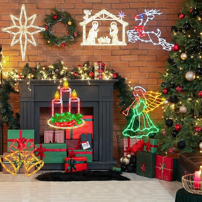 16" Christmas Window Silhouette Lights - 6 Pack Colour Lighted Bell & Candy Cane & Candle & Nativity & Bethlehem Star & Reindeer for Holiday Indoor and Outdoor Wall Door Window Decorate