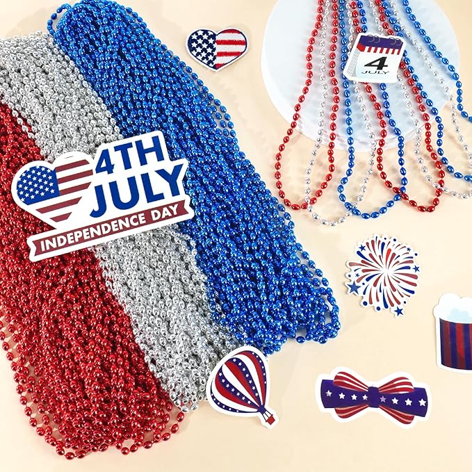 SHAOQINLIN 102 PCS Patriotic Bead Necklaces, 4th of July Oval Beads Necklaces Bulk 4th of July Accessories 30.5 Inch Metallic Red/Silver/Blue Beaded Necklace for Patriotic Day, Carnival Party Favor