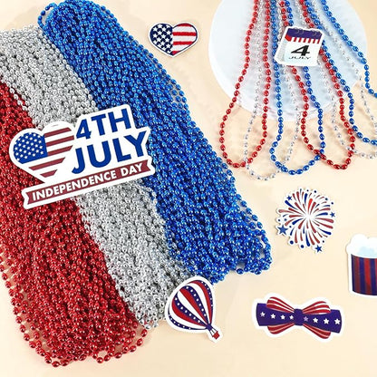 SHAOQINLIN 102 PCS Patriotic Bead Necklaces, 4th of July Oval Beads Necklaces Bulk 4th of July Accessories 30.5 Inch Metallic Red/Silver/Blue Beaded Necklace for Patriotic Day, Carnival Party Favor