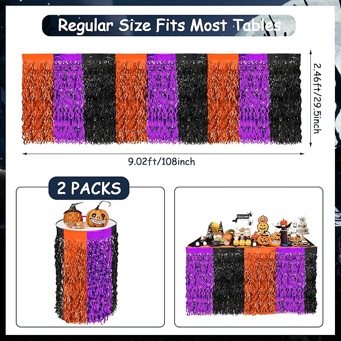 Halloween Party Decorations, 2 Pack Orange Purple Black Wavy Metallic Tinsel Foil Fringe Table Skirts, Perfect Rectangle or Round Table Decor for Halloween Birthday Home Indoor Outdoor Party Supplies
