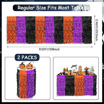 Halloween Party Decorations, 2 Pack Orange Purple Black Wavy Metallic Tinsel Foil Fringe Table Skirts, Perfect Rectangle or Round Table Decor for Halloween Birthday Home Indoor Outdoor Party Supplies